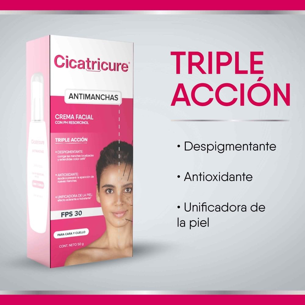 CICATRICURE - Crema facial Anti-manchas. Efecto de triple acción, despigmentante, antioxidante y unificante de la piel, con FPS 30. Uso para cara y cuello, presentación de 50g