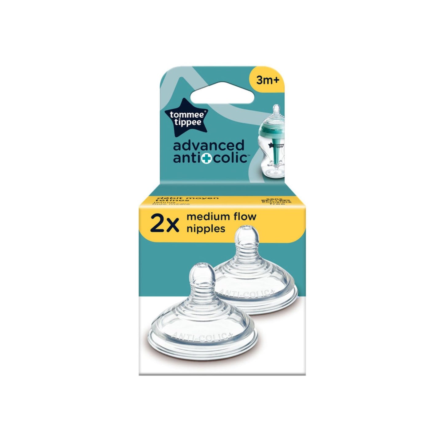 Tommee Tippee, tetina para biberón de flujo medio anticólico avanzado, tetina con forma de pecho, más de 3 meses, 2 unidades