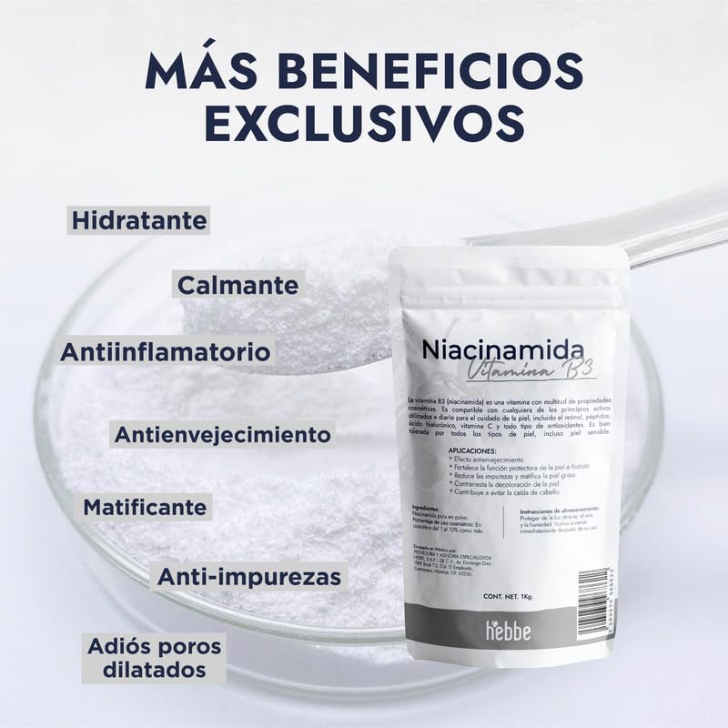 Hebbe - Niacinamida Pura para Rejuvenecimiento y Cuidado de la Piel, 1000 g