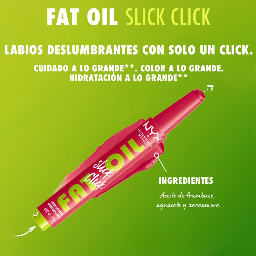 NYX Professional Makeup, Fat Oil Slick Click, 2gr. Tono: Main Character. Brillo de labios en barra, hidrata hasta por 12hrs, sensación no pegajosa, con infusión de aceite de aguacate, frambuesa y zarzamora. Fórmula vegana.