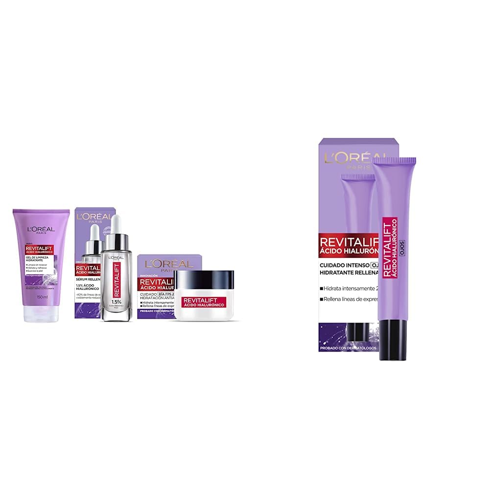 L'Oréal Paris Kit con Serum Facial, Crema de Día y Gel de Limpieza, Revitalift Ácido Hialurónico + Crema para ojos anti-líneas de expresion Revitalift Ácido Hialurónico de L'Oréal Paris, 15 ml