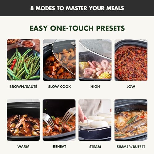 GreenPan Elite 8 en 1 - Olla de cocción lenta eléctrica programable de 6 cuartos de galón, tapa apta para lavaplatos y rejilla extraíble, sin PFAS de cerámica saludable, antiadherente, Sear, saltar