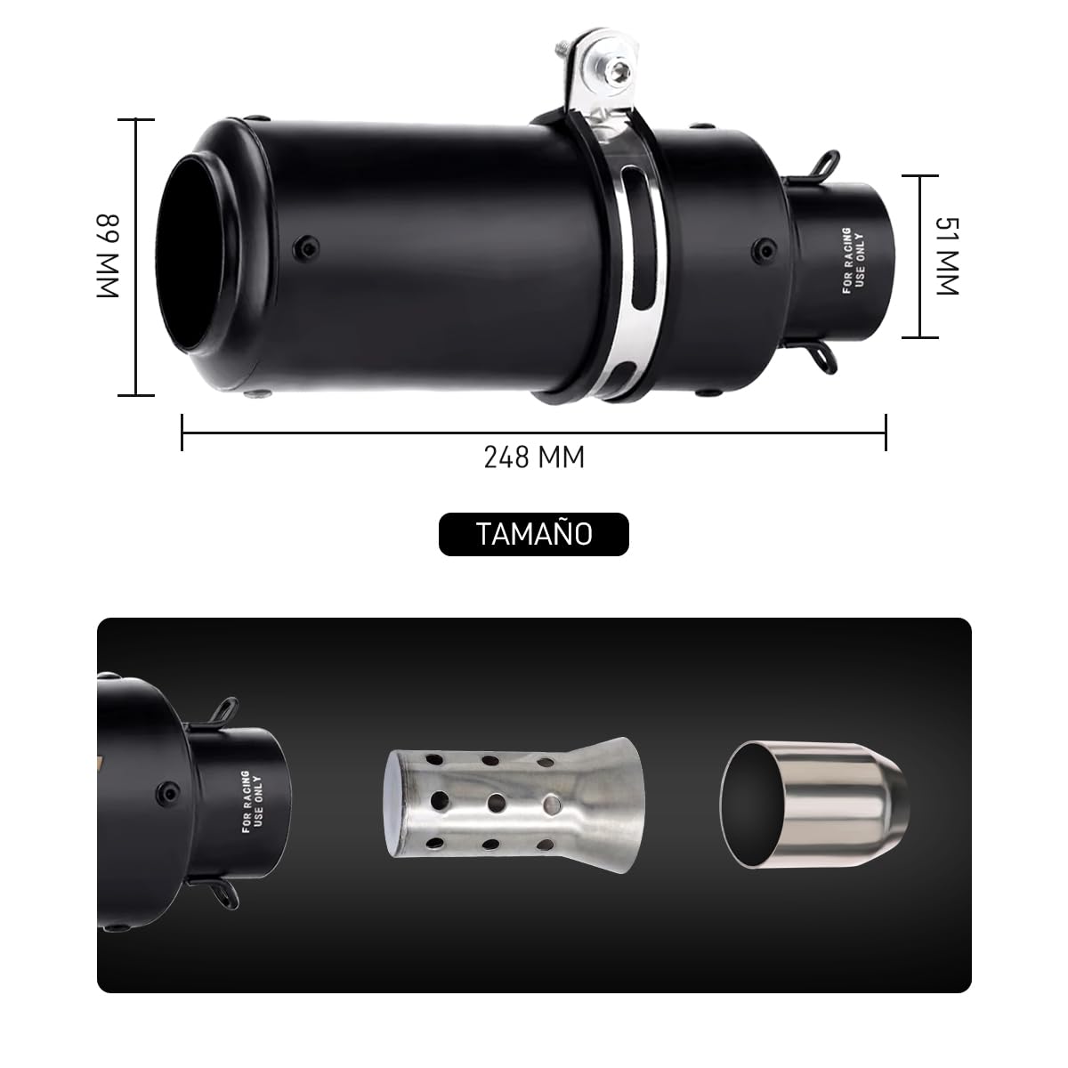ANMIEN Escape para Moto - Escape para Motocicleta 38-51mm Universal con Silenciador, Tubo Redondo Negro Escape de Moto Deportivo para ATV, AN-YK-HS