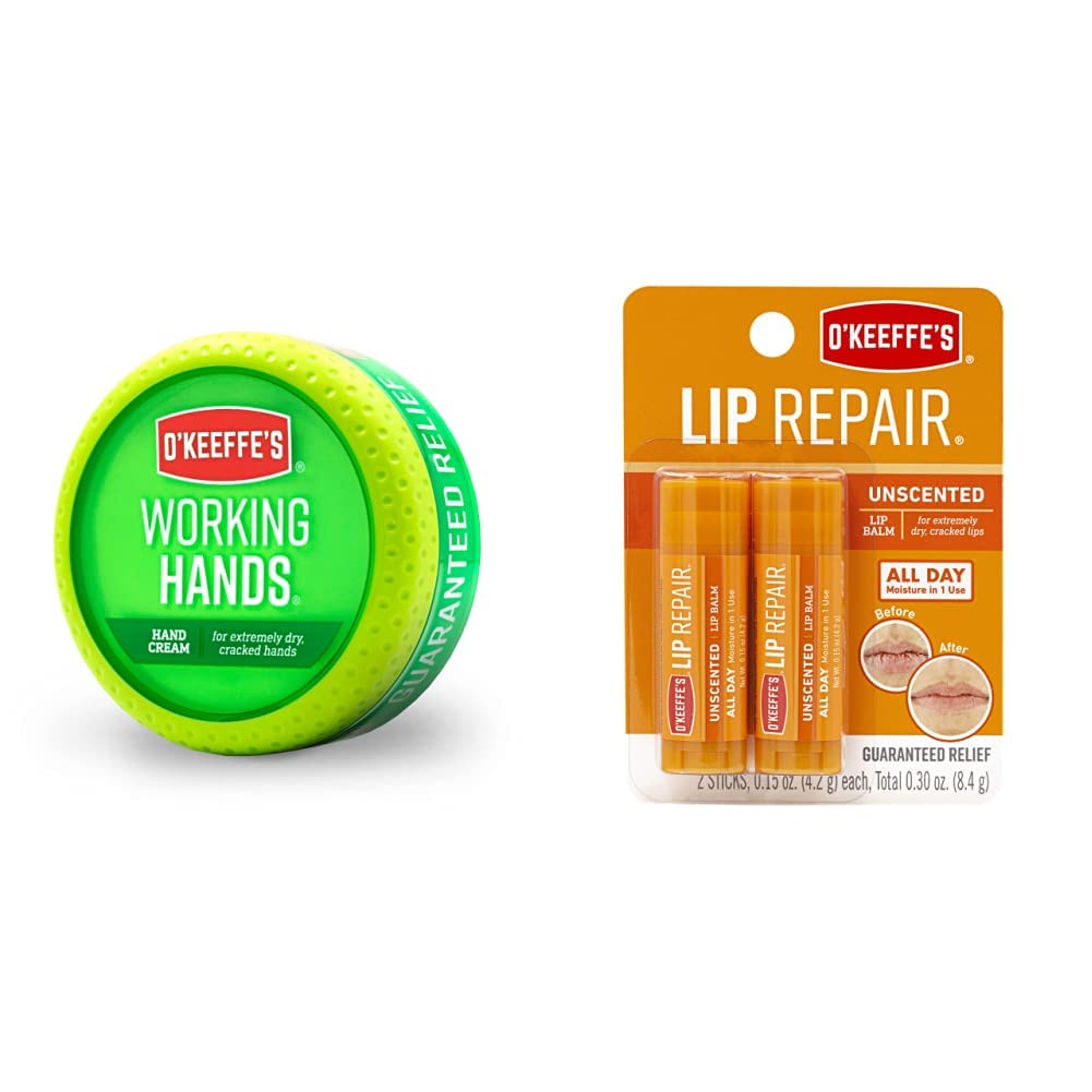 O'Keeffe's Working Hands Crema para manos, frasco de 100 ml, frasco + Bálsamo labial reparador sin perfume para labios secos y agrietados, paquete de 2 unidades