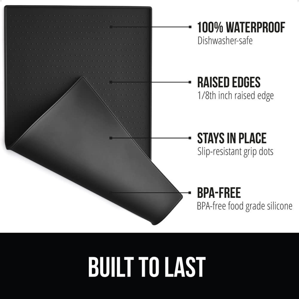 Gorilla Grip 100% Impermeable con Borde Elevado, Alfombrilla de alimentación de Silicona para Mascotas, sin BPA, Las Alfombrillas para Comida para Perros y Gatos contienen derrames, 16x10, Black
