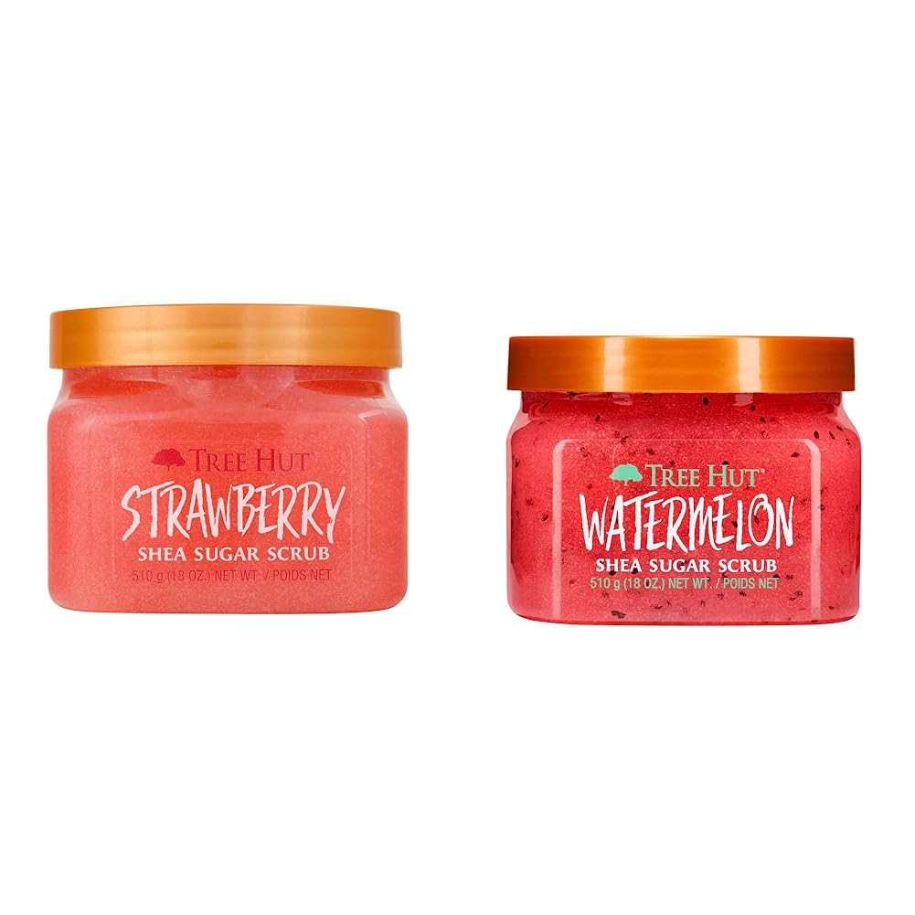 TREE HUT, Strawberry Shea Sugar Scrub, Exfoliante Corporal de Azúcar Natural, con Manteca de Karité y Fresa, Fórmula Vegana, 510 g + TREE HUT, Watermelon Shea Sugar Scrub, Exfoliante 510 gramos