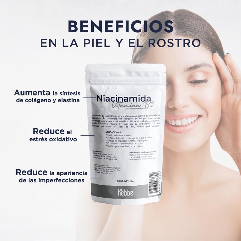 Hebbe - Niacinamida Pura para Rejuvenecimiento y Cuidado de la Piel, 1000 g