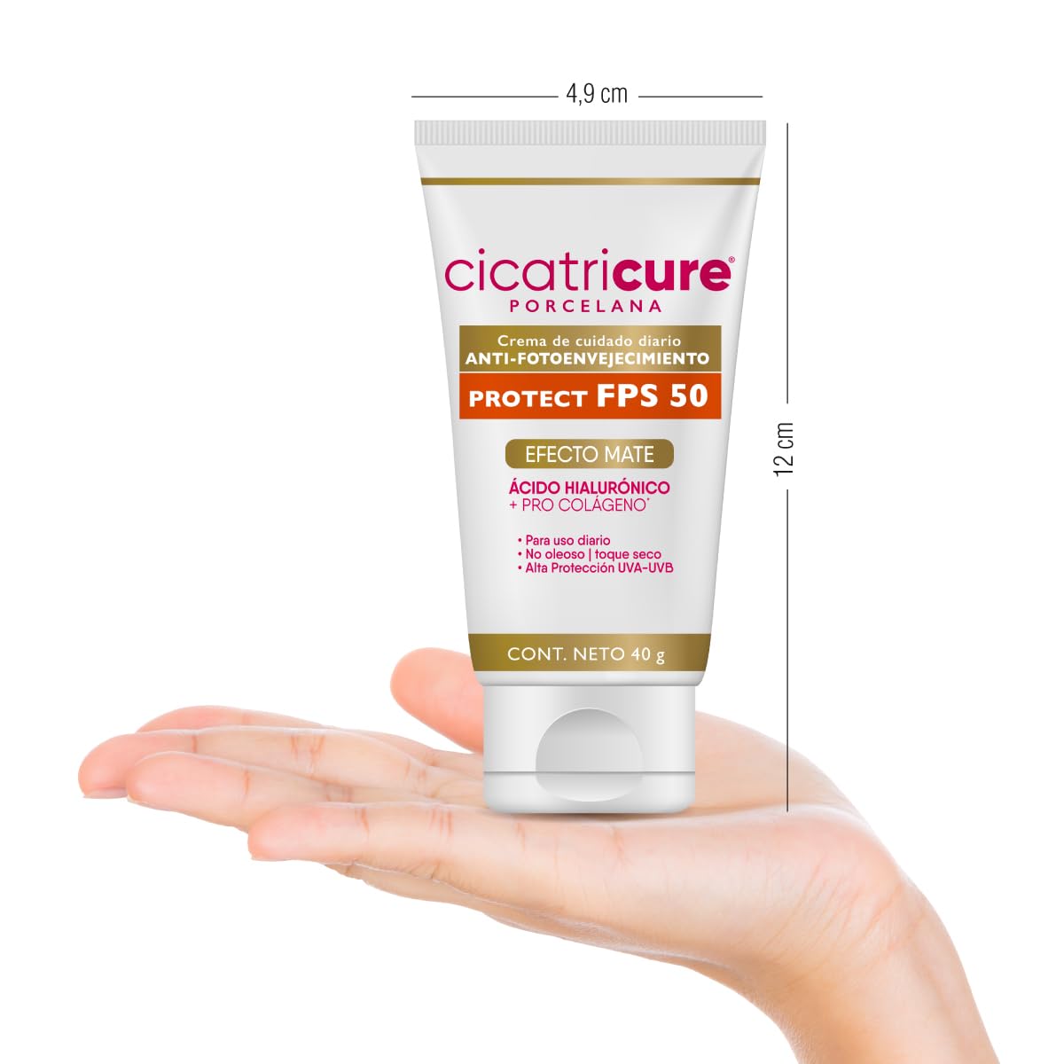 CICATRICURE - Porcelana Protect FPS 50. Crema de cuidado diario Anti-envejecimiento de alta protección UVA-UVB, efecto mate con acido hialurónico + pro colágeno, presentación con 40g