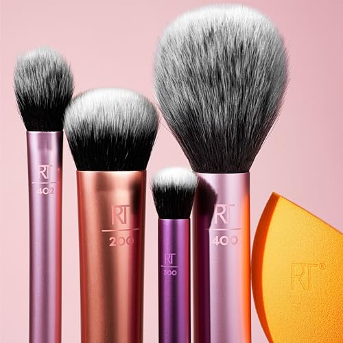Real Techniques, Everyday Essentials, Set de Brochas de Maquillaje con Esponjas Multifuncionales, Kit de Accesorios Esenciales, Juego de Brochas para Maquillar Ojos, Mejillas y Rostro, 6 piezas