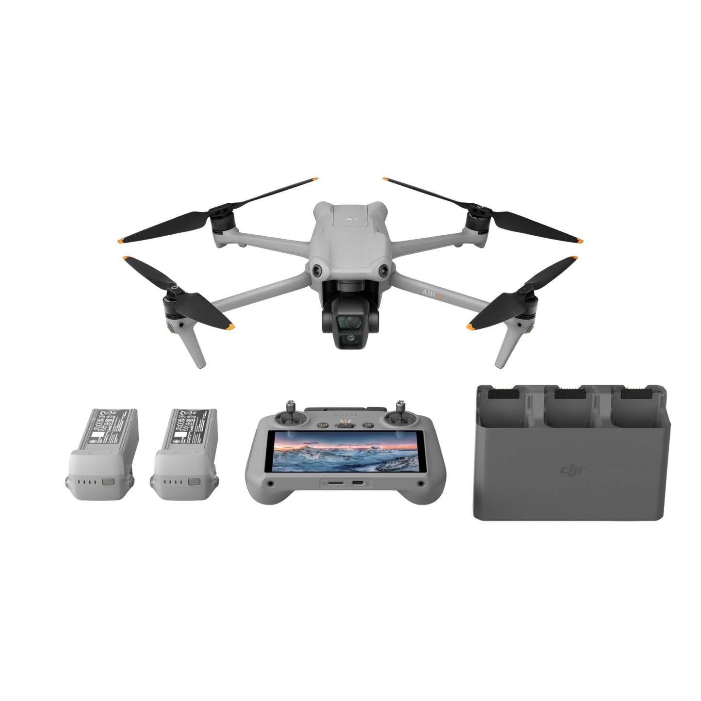 DJI Air 3 Pack Vuela Más con DJI RC 2 (control remoto con pantalla), dron con doble cámara 4K HDR con gran angular y teleobjetivo medio, 46 min de tiempo máx. de vuelo, 48 MP, O4, dos baterías adicionales