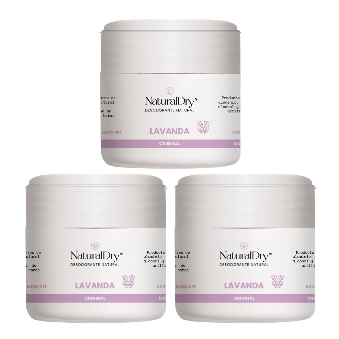 NaturalDry - Desodorante Mujer sin aluminio - Sin Parabenos - No obstruye los poros - Hidrata tu piel - Elimina el mal olor -permite la transpiración - Olor agradable a Lavanda - En tarro (3 unidades)