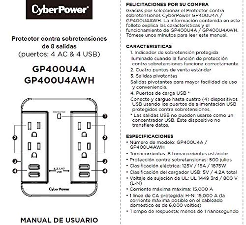 CyberPower GP400U4AWH Supresor de Picos, Blanco, Pequeño