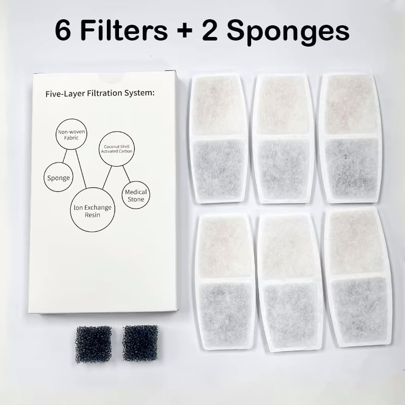 Filtro de Repuesto para Fuente de Agua de Acero Inoxidable, Paquete de 6 filtros y 2 esponjas (WF01F)