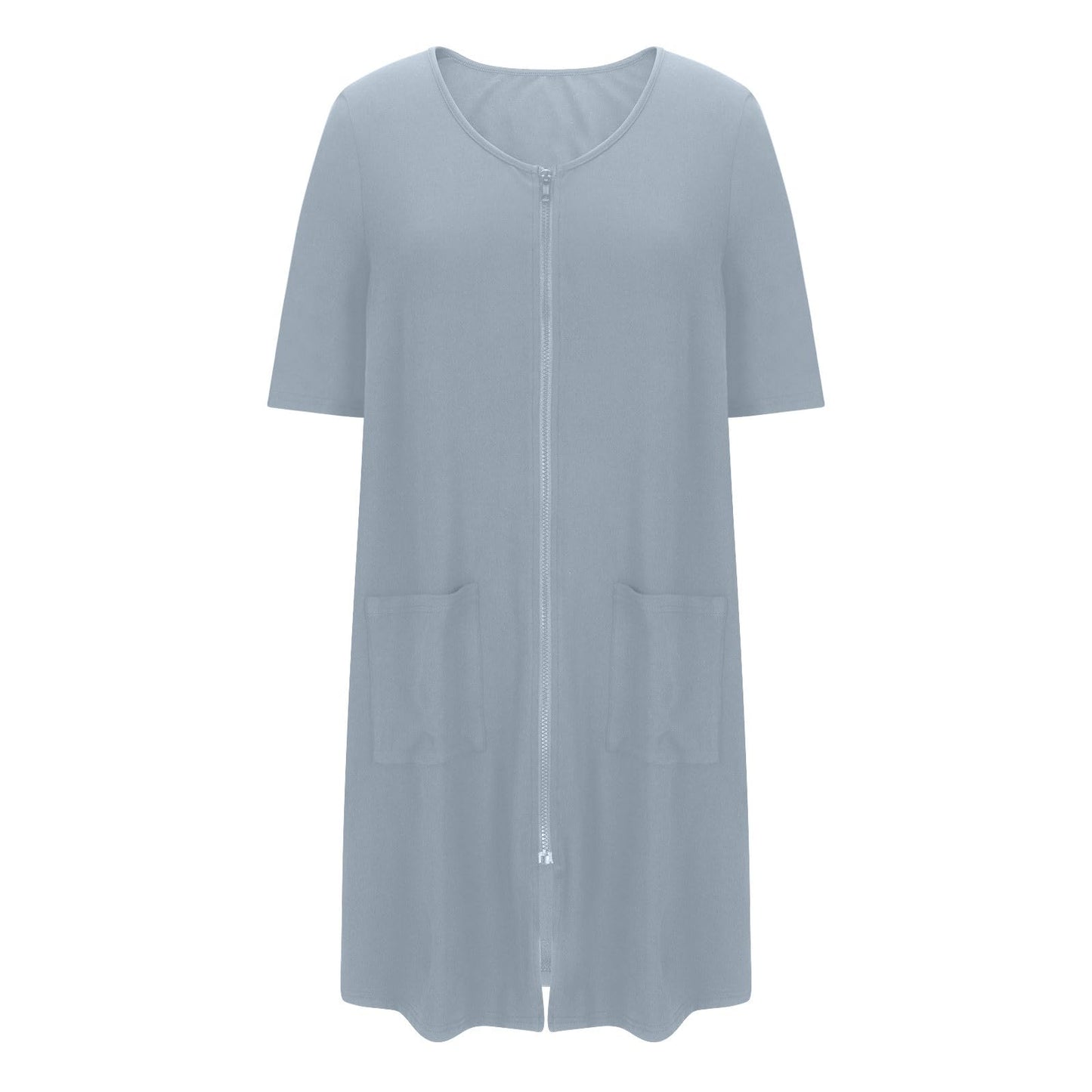 Batas de casa para mujer, batas ligeras con cremallera frontal, manga 3/4, bata de casa, ropa de estar suave, camisón con bolsillos Gray X-Large