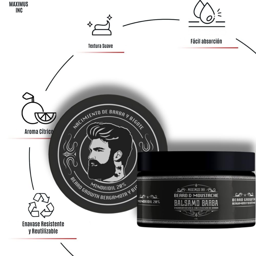Tratamiento para Barba y Bigote – Bálsamo con 20% Bergamota - Estimula el crecimiento de Vello Facial, más densa saludable y atractiva - Cierra huecos - Es ideal para personas lampiñas o con barba - Tratamiento 1 Mes