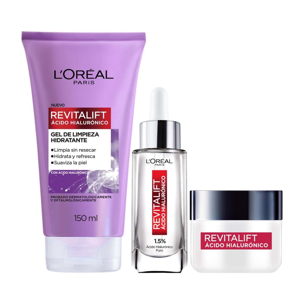 L'ORÉAL Paris Revitalift Ácido Hialurónico Kit (3 pzas) | Sérum, Gel Limpiador, Crema hidratante FPS20