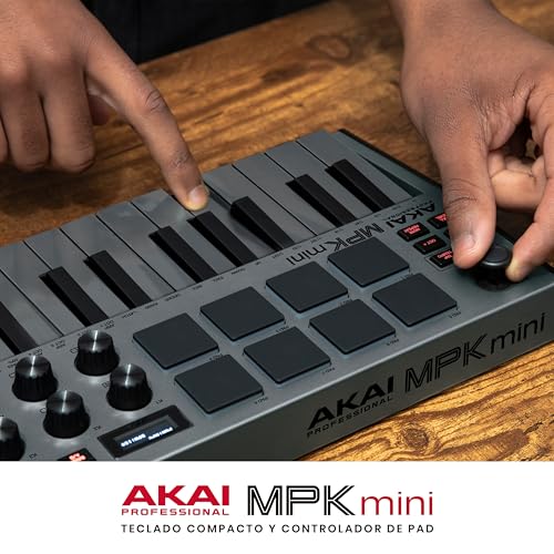 Akai Professional MPK Mini MK3 - Teclado Controlador MIDI USB de 25 Teclas con 8 Drum Pads, 8 Perillas, Software de Producción Musical y Native Instruments Sound Package (NKS Integration), Gris