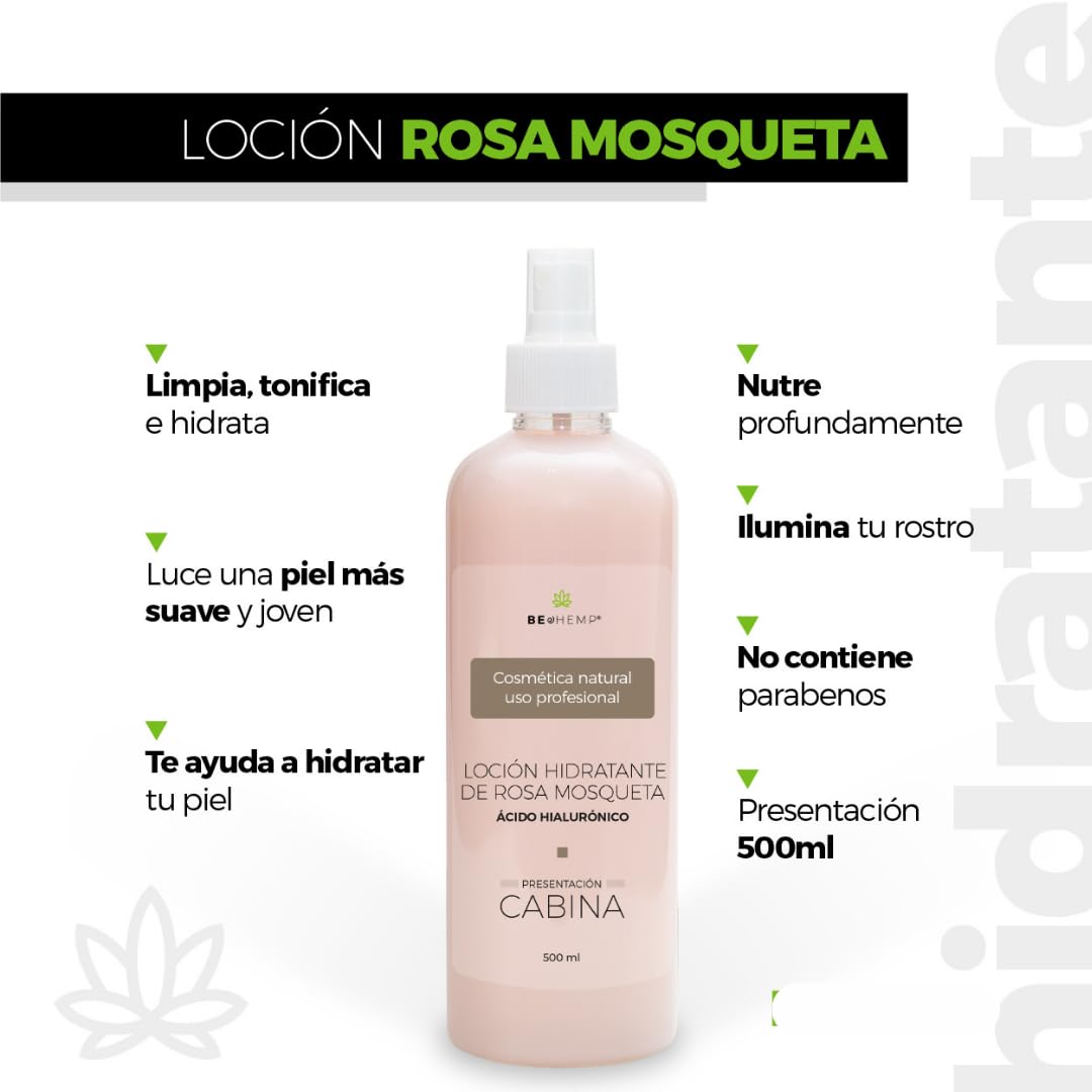 Loción facial hidratante rosa mosqueta y ácido hialurónico 500 ml Beohemp