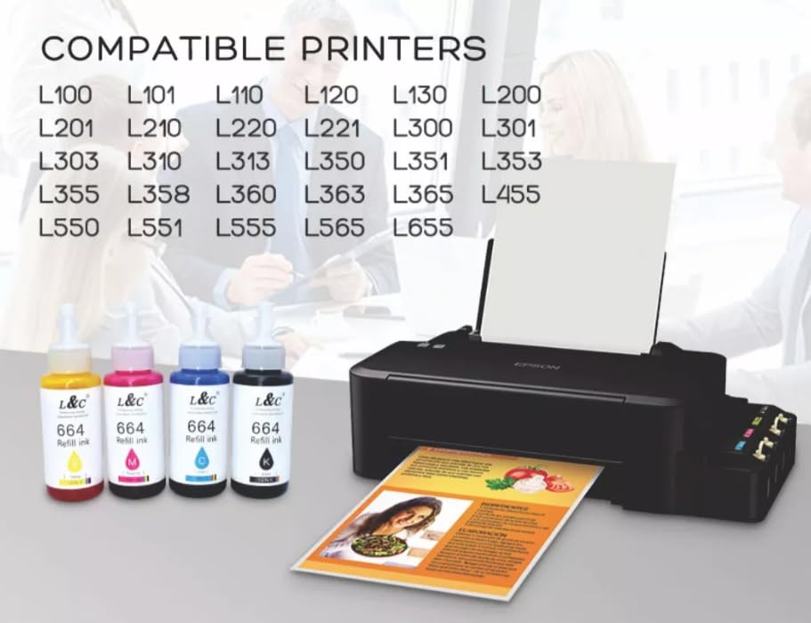 Genérico Tinta Compatible para Impresora Epson L120 L310 L380 L395 L495 L575 L606 L655 L656 L1300 L1455, Botellas 4 Negro, Cian, Magenta, Amarillo