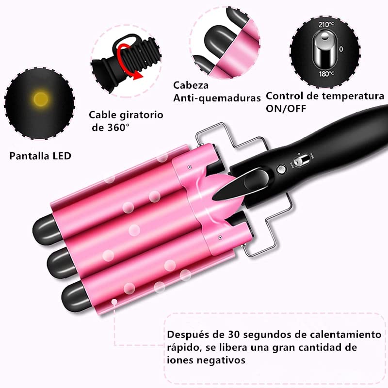 Rizador de Pelo, Ondas Cerámica con Temperatura Ajustable, Triple Tubo Rizador de Cabello de 25mm, Herramienta de Peinado Automático para Mujer Cabello Largo/Corto y Viajero Regalo (Rosado)
