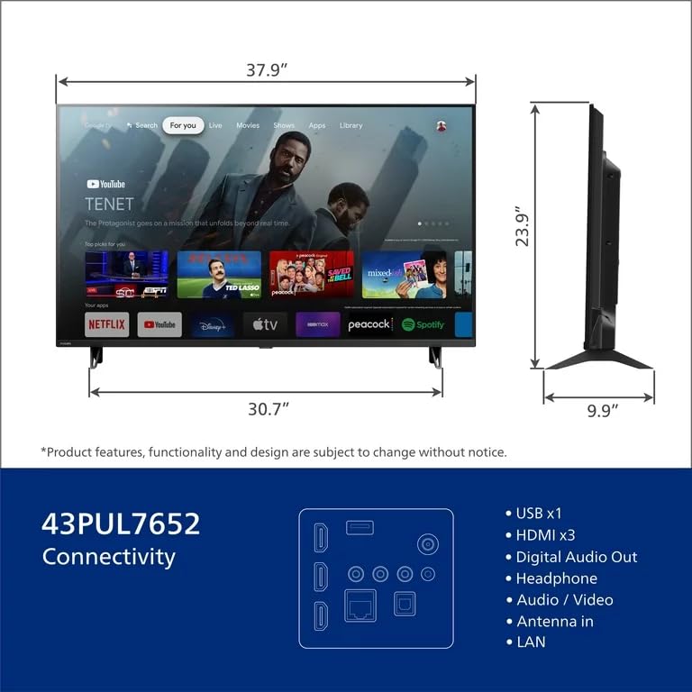 PHILIPS Televisor 43 Pulgadas | Class 4K | Serie 7000 |Ultra HD| LED | Smart Google TV | Chromecast Integrado | Modo de Juego | HDR10 | Asistente de Google Integrado (Reacondicionado)