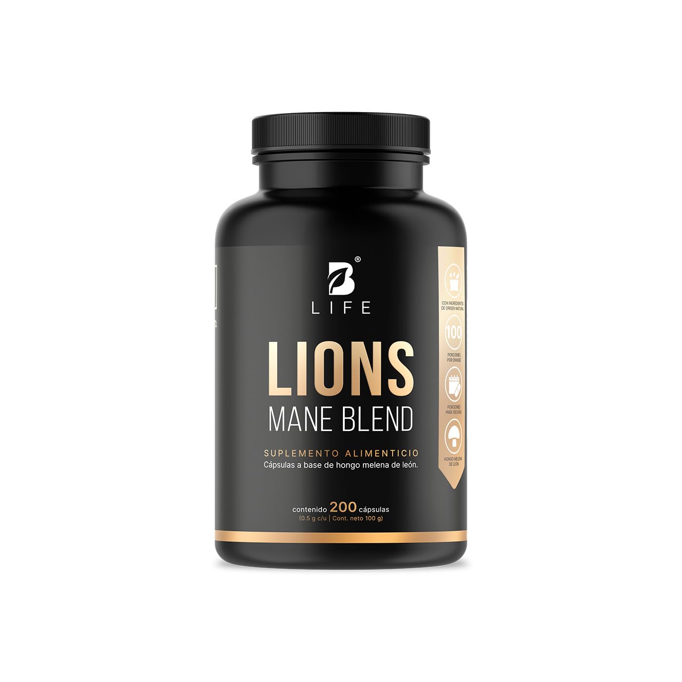 B Life Hongo Melena de León Puro | 200 Cápsulas | 1000 mg por porción | Ingredientes naturales | Lions Mane Blend.