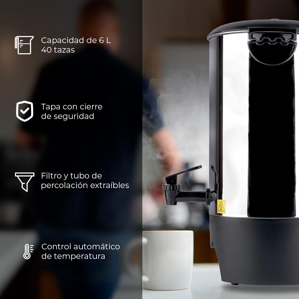 DAEWOO Cafetera eléctrica DCP-6L-40 con cap. 6L de acero inoxidable, tapa con asas y dispensador antigoteo con potencia de 1000W