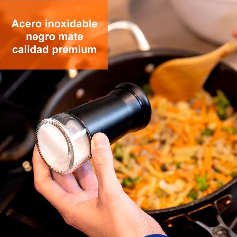Juego de Saleros y Pimenteros de Vidrio U Chef Negro con Agujeros Ajustables y Acero Inoxidable para Sal de Mar