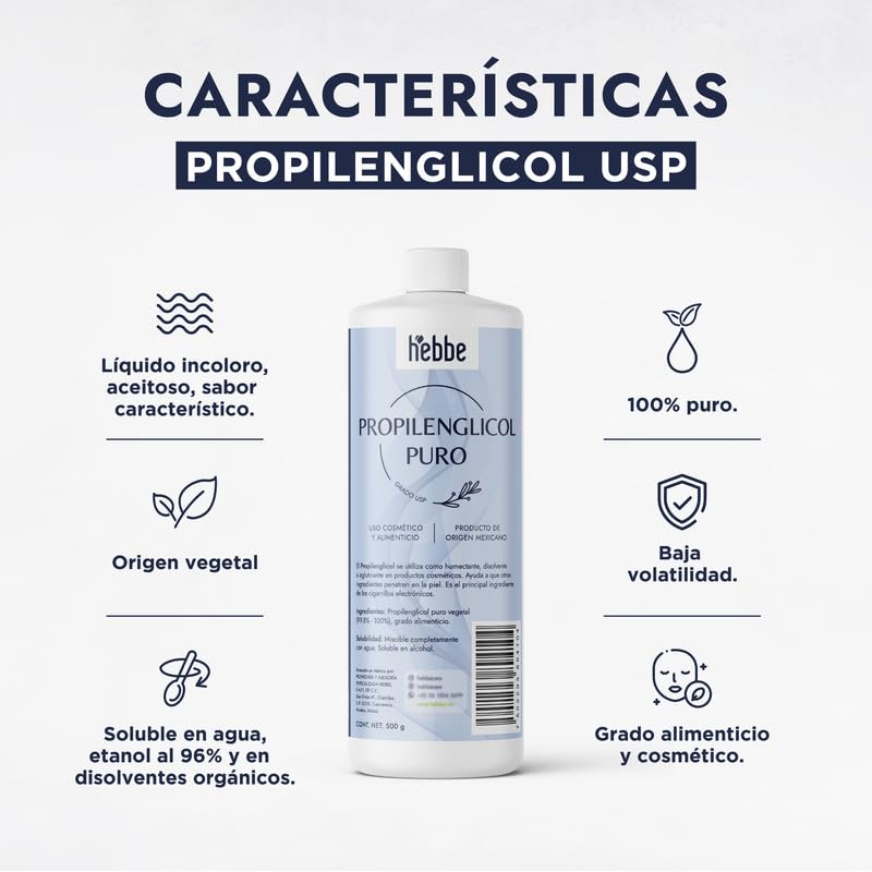 Hebbe - Propilenglicol, Hidratante y Solvente para Cosméticos, 500 g