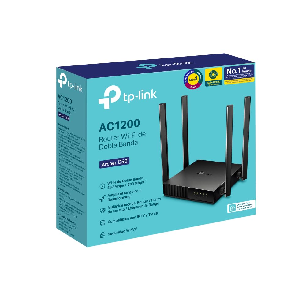 TP-Link Archer C50 Router Wi-Fi de Banda Dual Router Inalámbrico AC1200, 300Mbps en 2.4 GHz y 867 MBps en 5 GHz, 4 Antenas
