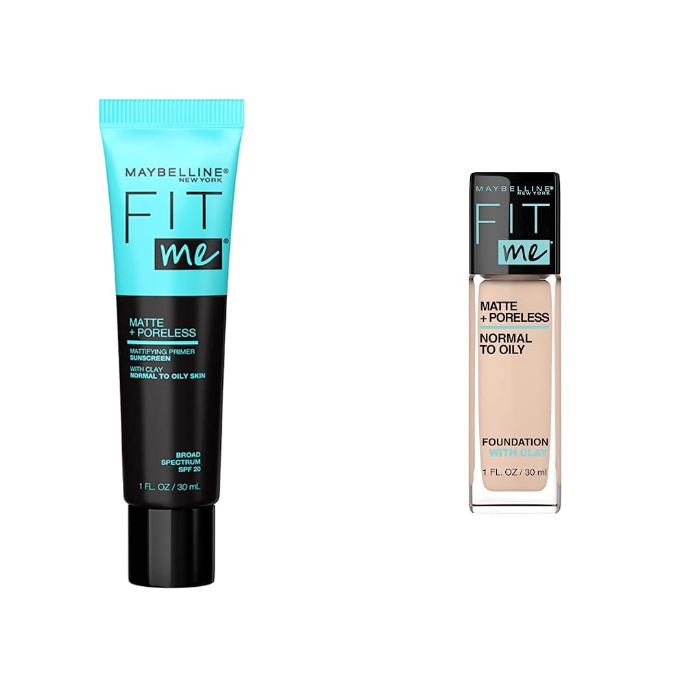 MAYBELLINE fit me! primer matte & poreless, color transparente + Base de Maquillaje Fit Me Matte, 120 Classic Ivory