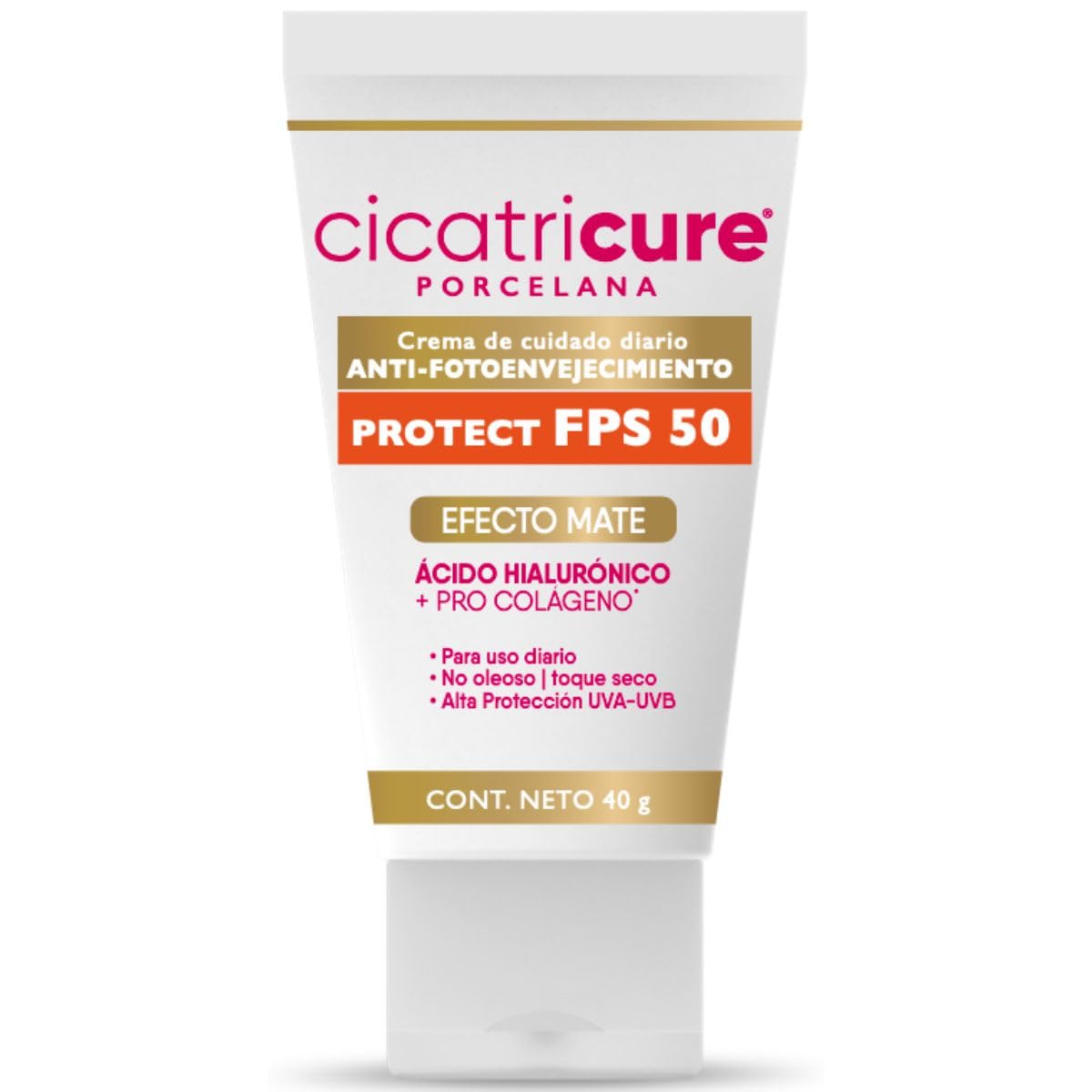 CICATRICURE - Porcelana Protect FPS 50. Crema de cuidado diario Anti-envejecimiento de alta protección UVA-UVB, efecto mate con acido hialurónico + pro colágeno, presentación con 40g