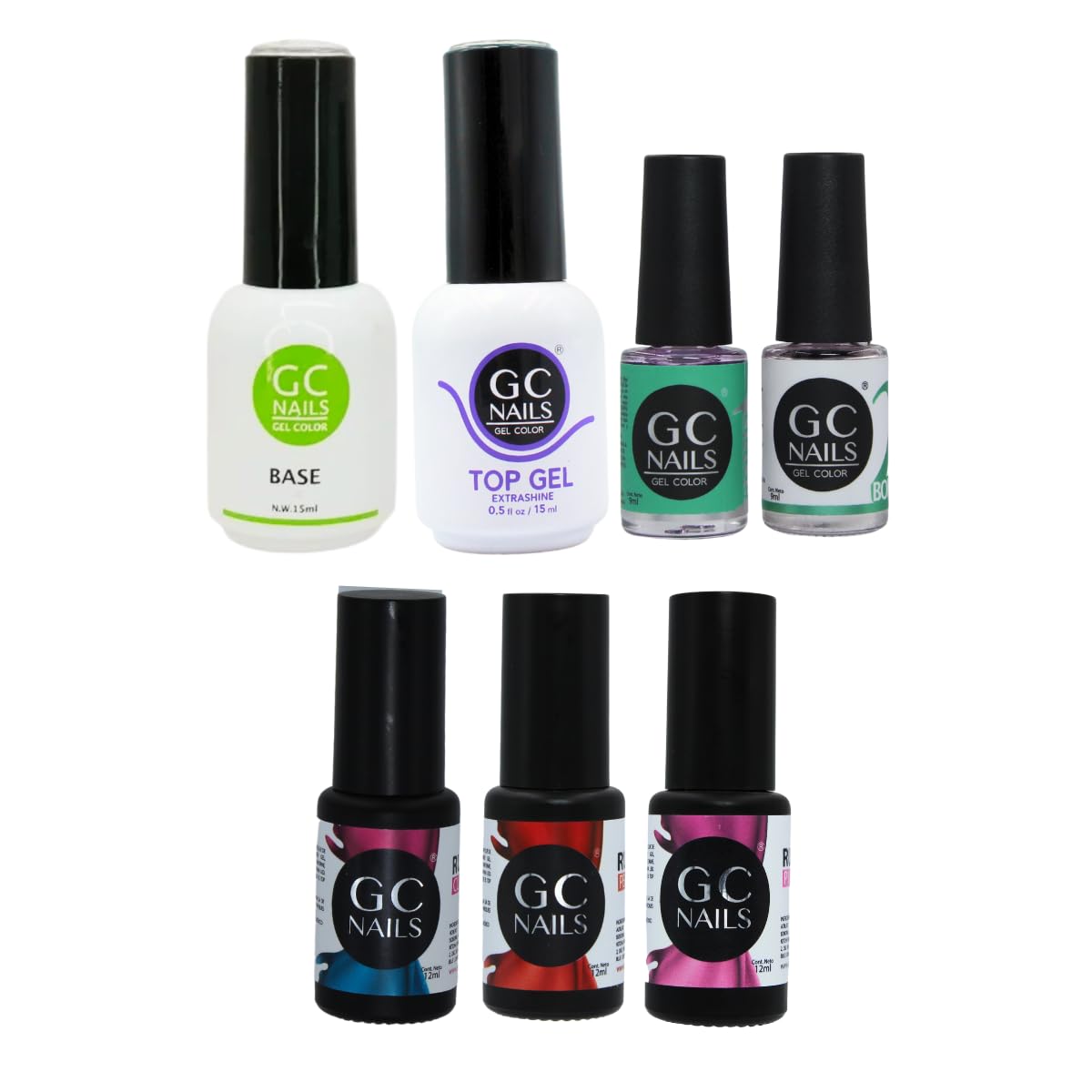Gc Nails Gel Nails Set de Esmaltes para Aplicación Completa Base Top Gel Bond 1 Deshidratador Bond 2 Adherente y 3 Rubbers Transparente Rosa y Rojo para Uñas Acrílicas o Gelish