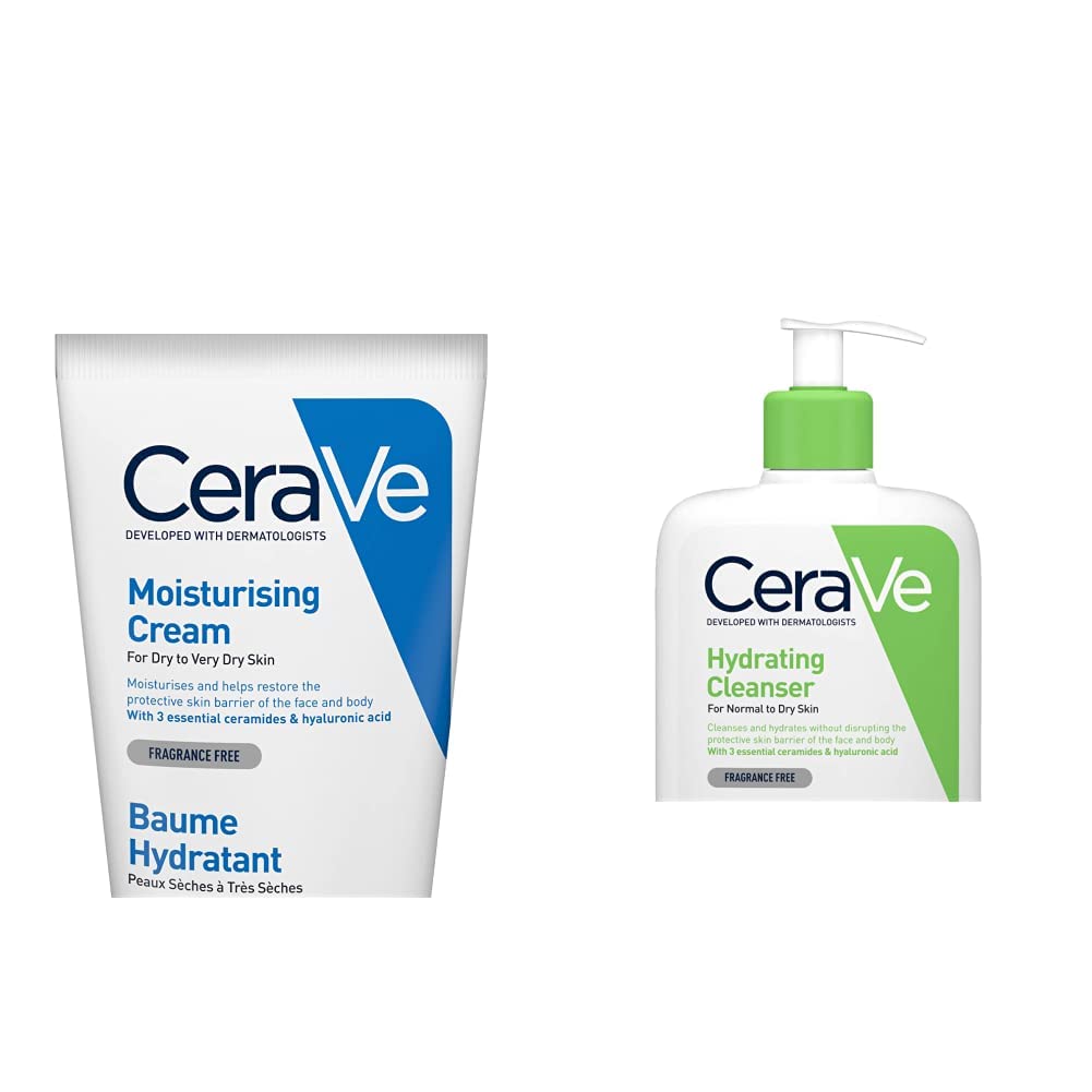 CeraVe Limpiadora Hidratante |237ml| Limpiador facial diario para piel seca | Libre de fragancia + Crema Hidratante |170gr| Hidrante diario para rostro y cuerpo para piel seca