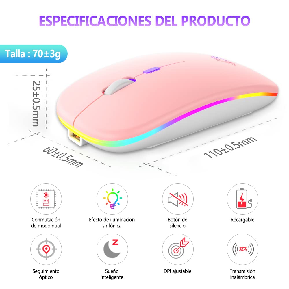 Free wolf X15 Mouse Inalámbrico, Mouse Bluetooth y 2.4GHz Modos Dual Recargable y Ergonómico, Click Silencioso con Receptor USB 3 Ajustable dpi Ratón para Computadora, Portátil, PC, Mac (Rosa)