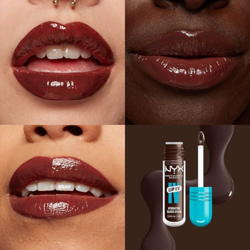 NYX Professional Makeup, LIP IV Gloss Serum Hidratante, Tono: Espresso Soak. Tinta de Labios hidratante con alto pigmento infusionado con agua de coco y magnesio. Fórmula vegana.