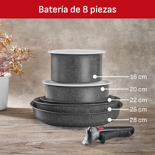 T-fal Ingenio Black Stone Batería de Cocina 8 piezas, Efecto Piedra con Mango Removible, Multifuncional, recubrimiento Mineralia+, Negro, L3999502