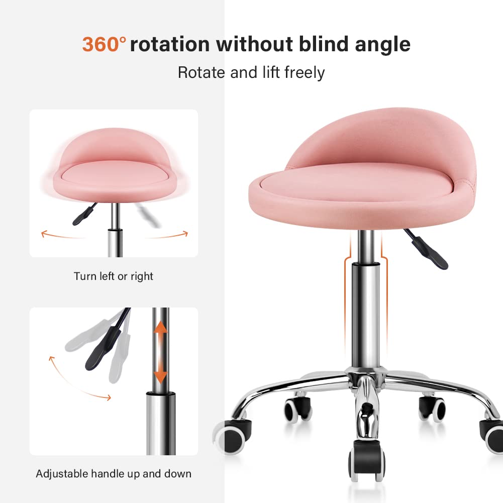 KKTONER Taburetes Giratorios con Respaldo Bajo Taburetes Redondos Rodantes Rosa Taburete Silla con Ruedas para el Hogar Salón Facial SPA Masaje Tatuajes Trabajo