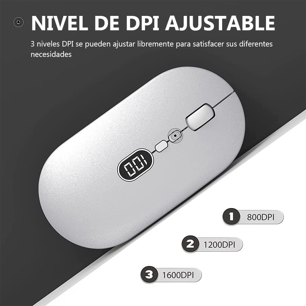 Free wolf X1 Mouse Inalámbrico con Pantalla de Batería, Wireless óptico Recargable 2.4 G Ergonómico Silencioso Click 800/1200/1600 Ajustable dpi Ratón para Computadora,Portátil,PC,Mac (Plata)