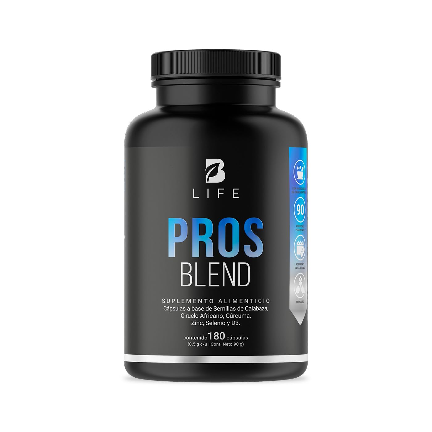 B Life Company Fórmula para Hombre 180 cápsulas 1000 mg por porción. Ciruelo Africano, Selenio, Semilla de Calabaza, Cúrcuma, Zinc, y D3. Ingredientes Naturales. Pros Blend.
