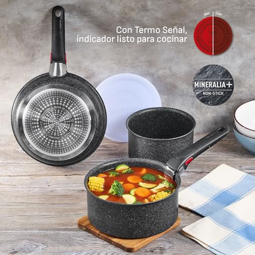 T-fal Ingenio Black Stone Batería de Cocina 8 piezas, Efecto Piedra con Mango Removible, Multifuncional, recubrimiento Mineralia+, Negro, L3999502