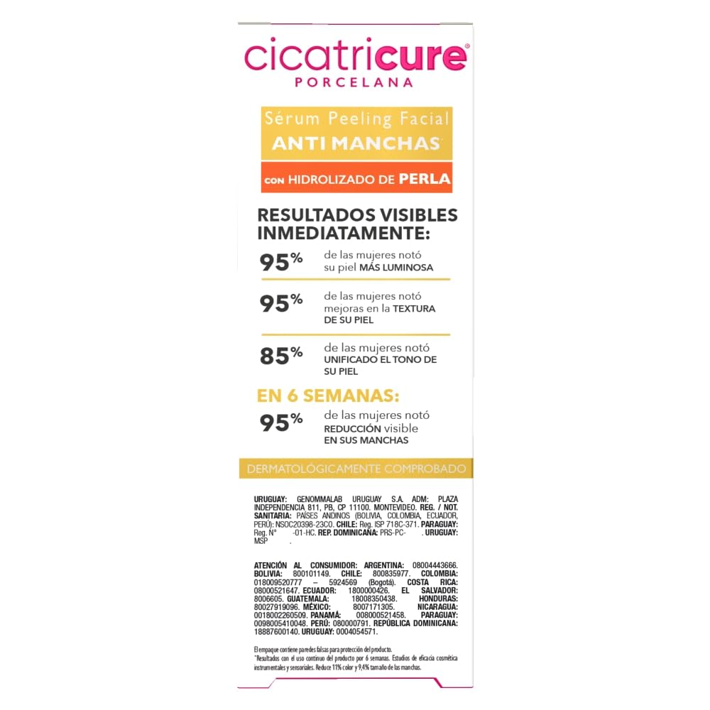 CICATRICURE - Porcelana Serum Peeling Facial. Efecto anti-manchas con hidrolizado de perla, mejora la textura, luminosidad y claridad de la piel. Uso para rostro y cuello, botella con 30ml