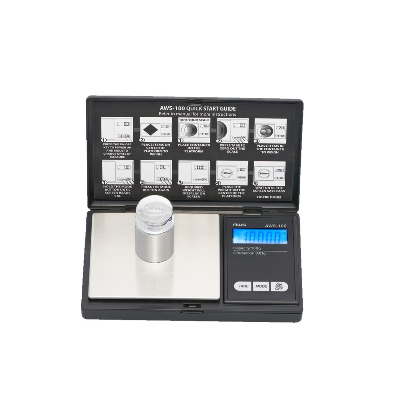 American Weigh Scales Series Báscula de peso digital de bolsillo, peso de calibración incluido 100 g x 0,01 g, (negro),