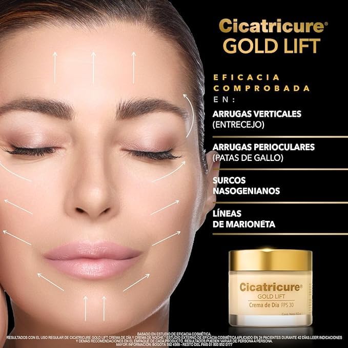 CICATRICURE 4 PACK GOLD LIFT, Crema de Día 50g + CICATRICURE GOLD LIFT, Crema de Noche 50g + CICATRICURE GOLD LIFT Serum Facial con EFECTO TENSOR 27ml + CICATRICURE GOLD LIFT, Ojos y Boca 15g
