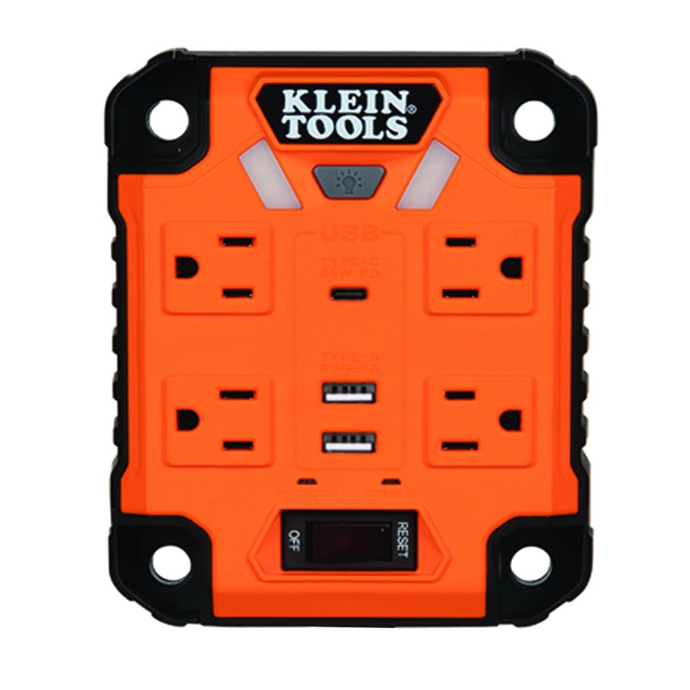 Klein Tools 29601 Multicontacto magnético con Protector de sobretensión, Cable de extensión, 4 Tomas, 3 Puertos USB, Cable de 1.5 Metros, con luz, PowerBox 1