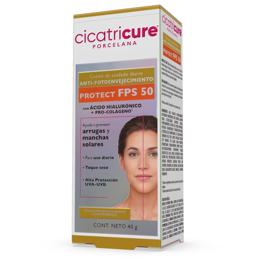 CICATRICURE - Porcelana Protect FPS 50. Crema de cuidado diario Anti-envejecimiento de alta protección UVA-UVB, efecto mate con acido hialurónico + pro colágeno, presentación con 40g