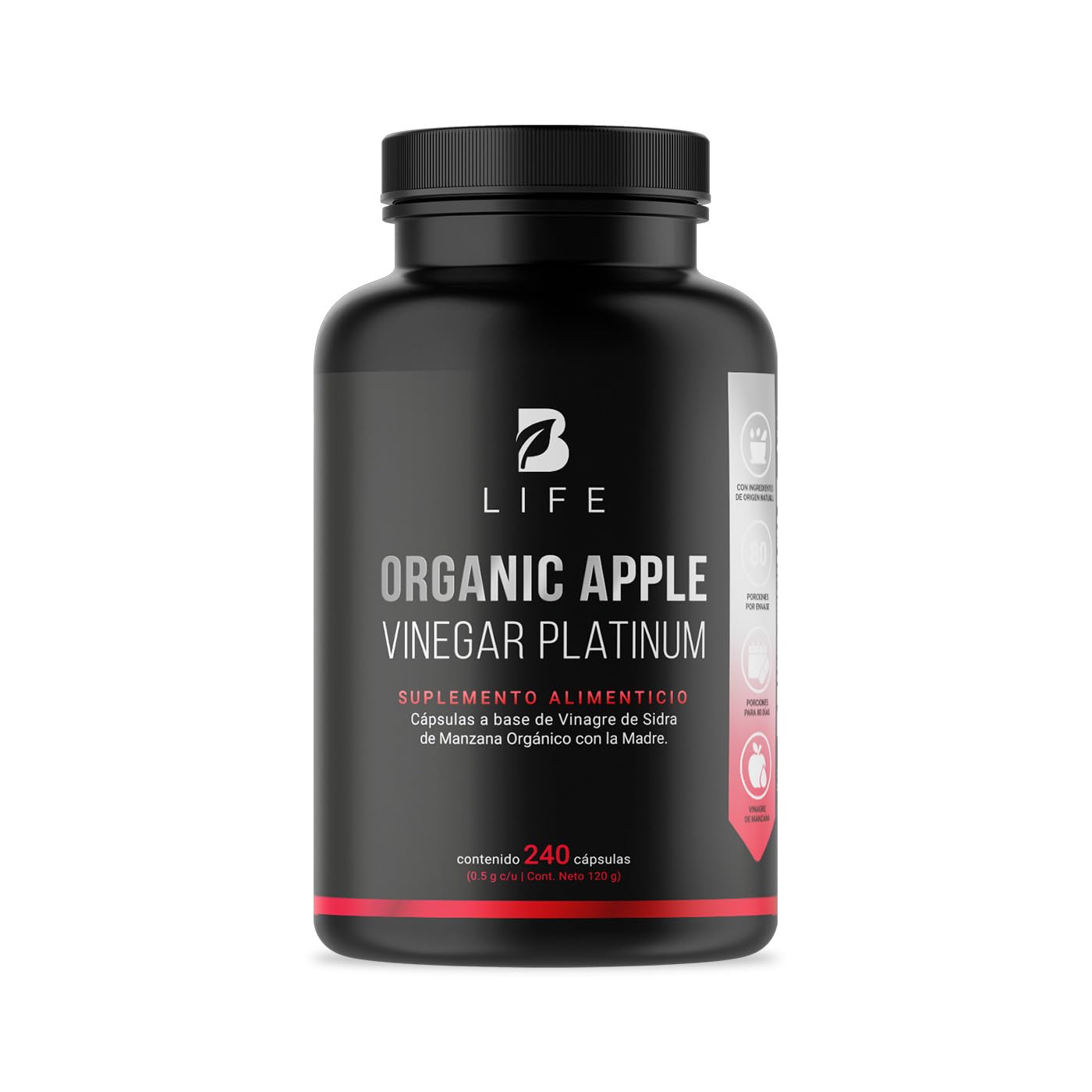 B Life Company Vinagre de Manzana Orgánico La Madre 240 Cápsulas. Ingredientes naturales. Organic Apple Cider Vinegar Platinum B Life