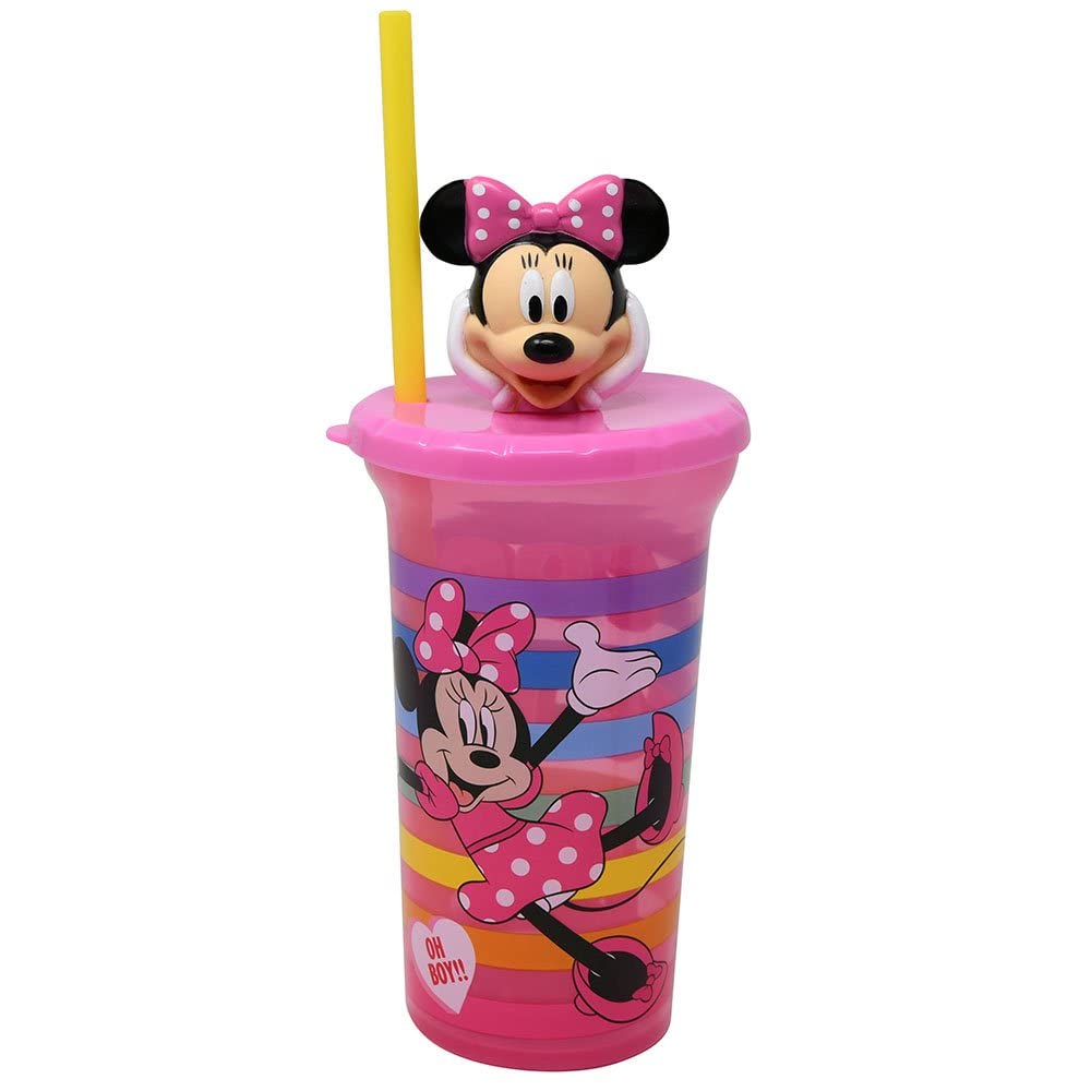 Minnie - Taza de agua Buddy Sips Minnie Mouse de 15 onzas con tapa y popote, reutilizable, color rosa, para niños