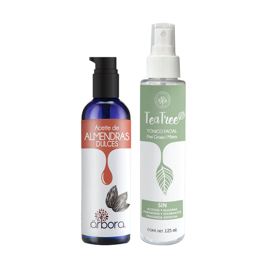 Kit Hidratación y Tonificación: Aceite de ALMENDRAS + Tónico Facial TEA TREE - Ideal para piel grasa. Refresca, calma e hidrata la piel. SIN Parabenos, Siliconas, Colorantes, Alcohol ni Fragancia Artificial. 90 ml. / 125 ml. Árbora