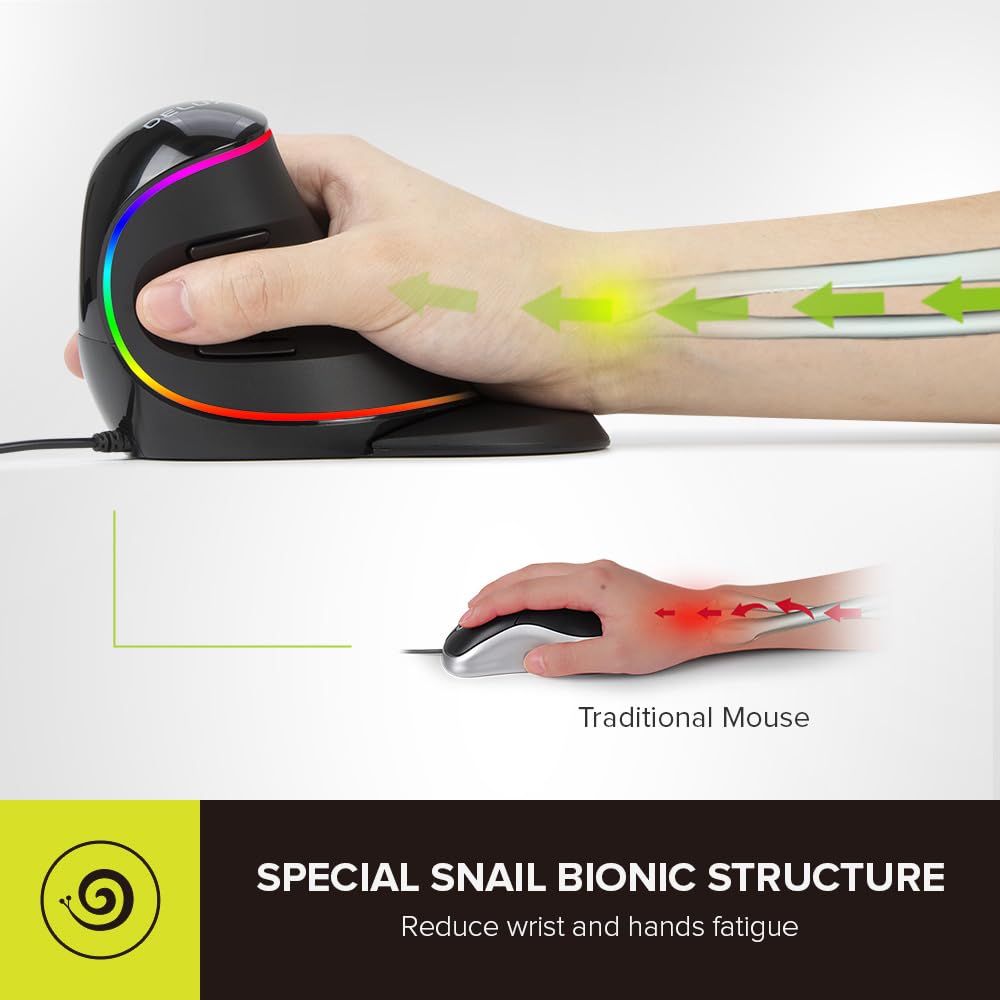 DeLUX mouse ergonómico, mouse vertical RGB grande con cable con 6 botones, reposamuñecas extraíble, 4000DPI y software a bordo que reduce la tensión de la mano, para túnel carpiano (M618Plus RGB-negro)